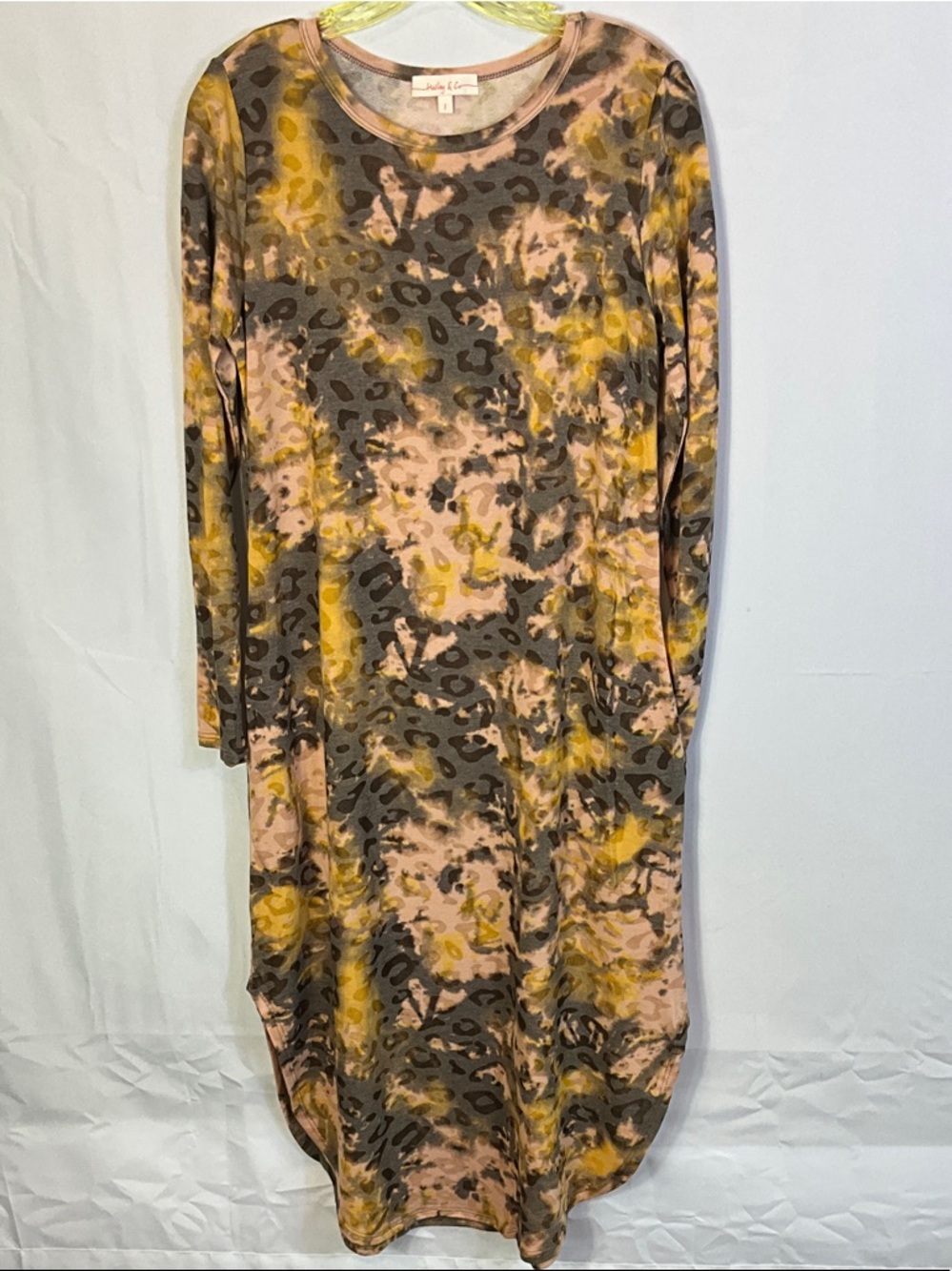 Hailey & Co  Long Sleeve Tie Dye Animal Print Long Midi Dress Pockets Size Small